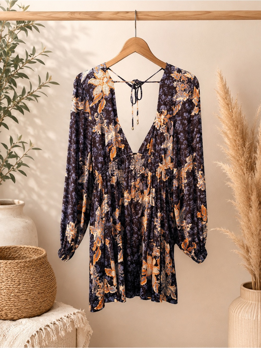 Free People Soli Plunge Neck Long Sleeve Minidress in " Night Combo" print.